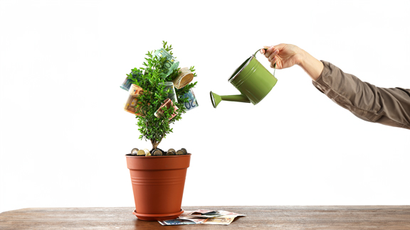Person watering a money pot plant