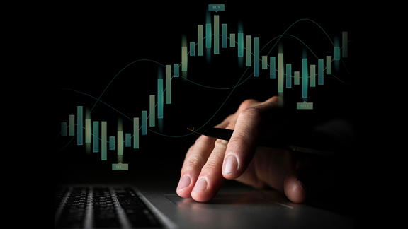 person looking at stocks on laptop